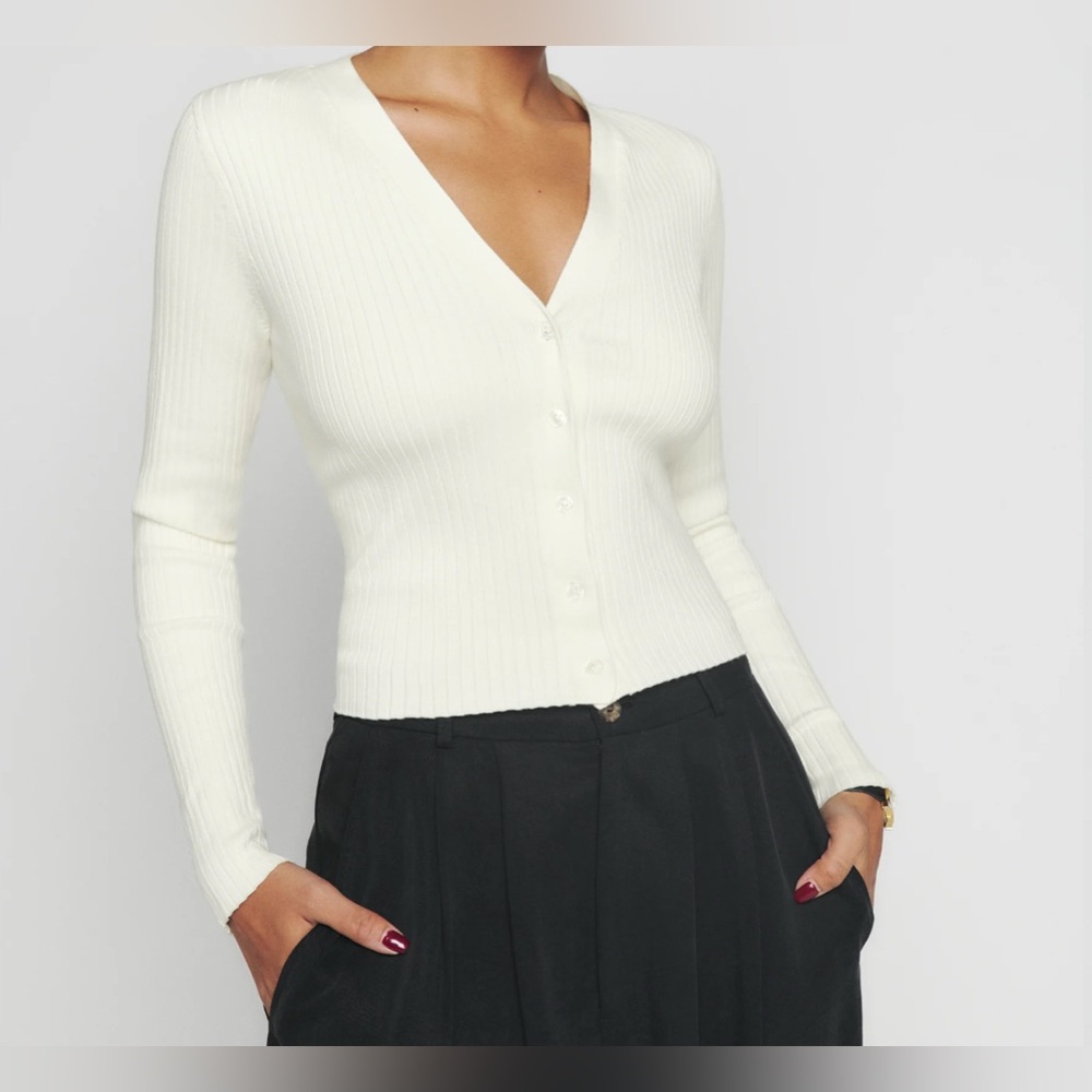 Reformation Gilda Gossamer Ribbed V-neck Long Sleeve Cardigan